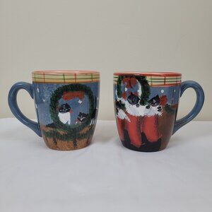 Two Oneida Cat Friends Mugs 20oz, Earthenware Christmas kitten cups Hand Painted